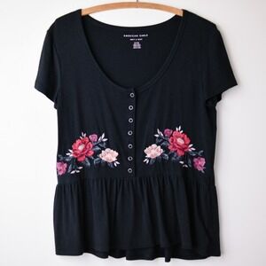 American Eagle Floral Embroidered Top Womens S Black Soft Girl Coquette Fairy